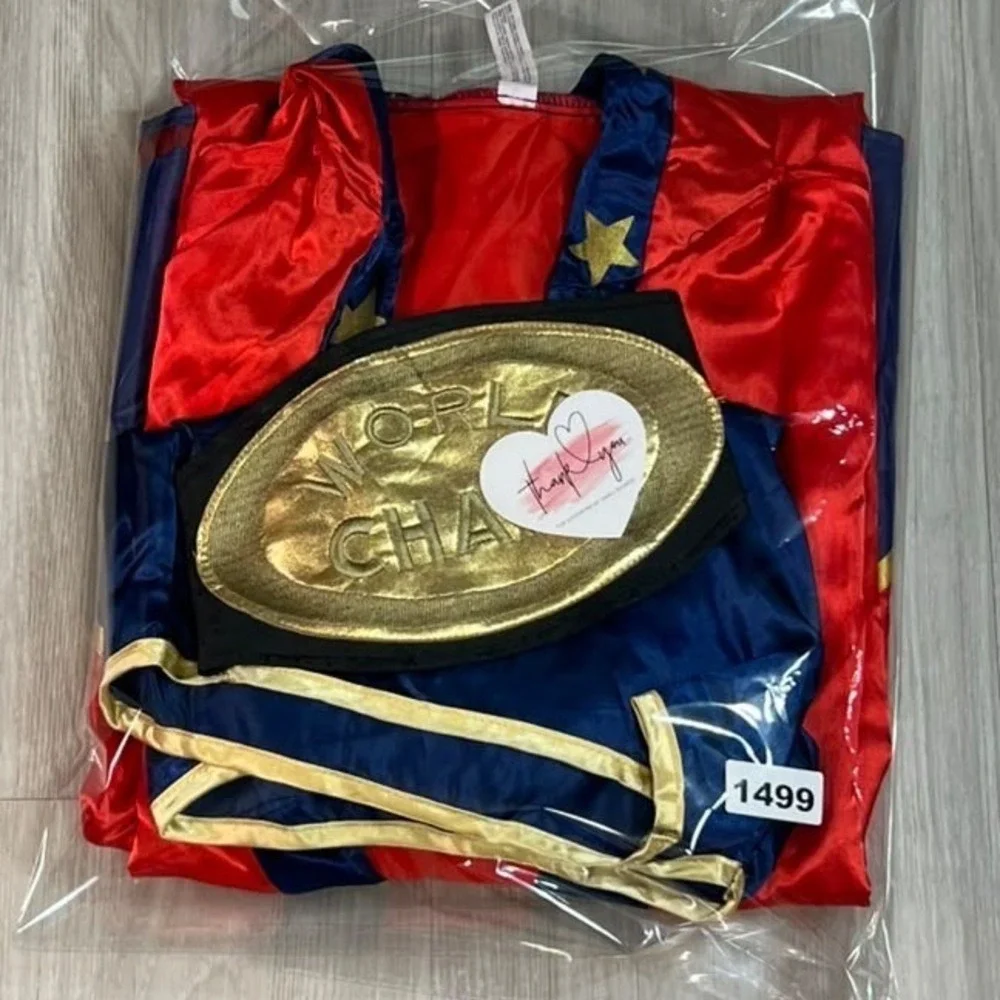 Womens Boxing Champion Costume Set Red Blue Satin Robe Shorts World Champ Belt